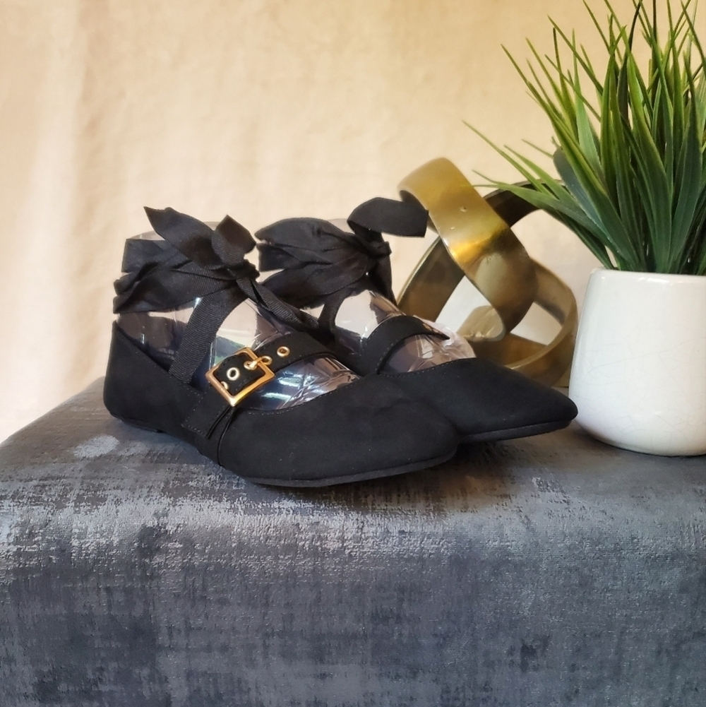 New Bamboo Cantel Black Ballet Flat Shoes Ribbon Lace Tie Ankle Shoes Size 7